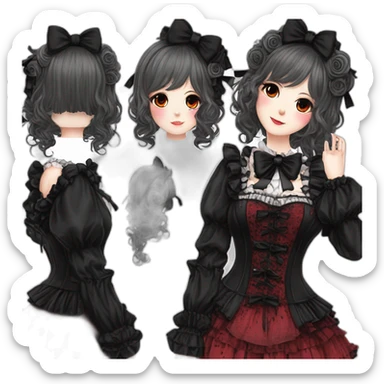 Vestido estilo Jirai kei y gothic lolita rosa y negro, piel morena, pelo rojo y negro, cuerpo completo, pelo largo sticker
