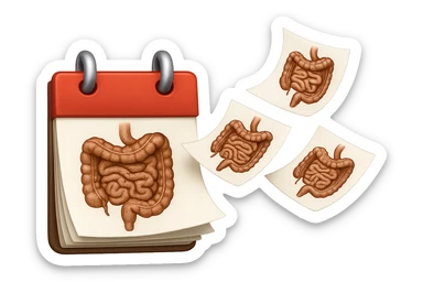 emoji stile iphone di un calendario con fogli che volano insieme, sui fogli ci sono disegnati degli intestini anatomici, iperrealistico 4k, isolato su sfondo bianco sticker