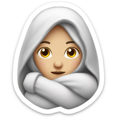 white women who is feels very cold hugging herself to warm, open eyes sticker