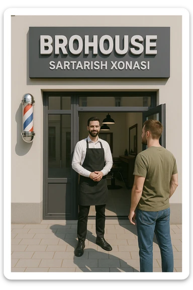 eni shu rasimga boyagi sartaosh oka eshik oldida tursin va tashqarida esa mijoz sticker