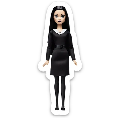 Wednesday Addams Barbie.  Small very light skin face. Black lipstick and eyeshadow. Earrings matching necklaces. Long silky raven hair. neckline that’s off-the-shoulders shows her legs and black high heel. arms up sticker
