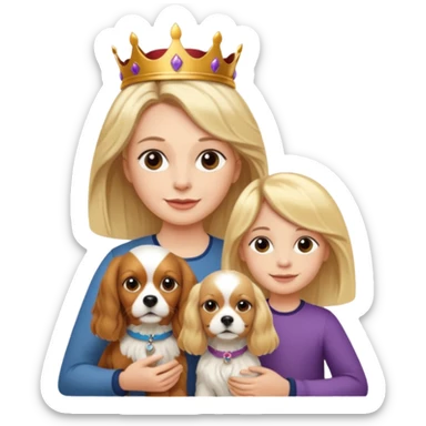 Make a picture of a mother, daughter and dog. Mother has short blond hair. Daughter has long blonde hair. Dog is a King Charles Spaniel. sticker