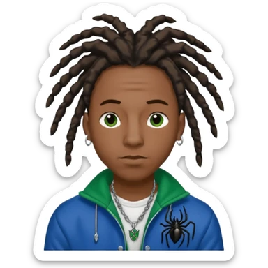 create a black male with locs and silver ear piercings and a left nose piercing and a spider necklace that’s black along with a varsity jacket that’s blue and green sticker