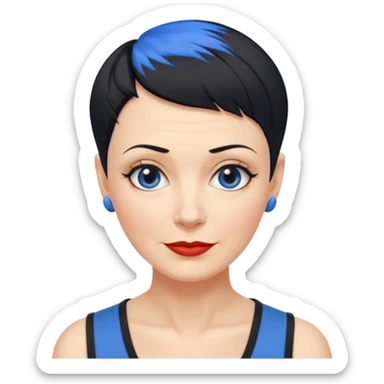 reife frau, vierzig Jahre alt kein kind! freche extreme schwarze Kurzhaarfrisur eine Seite wirklich fast keine Haare andere Seite mit blauer Strähne kurze Seite noch viel kürzer sticker