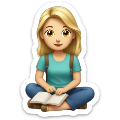 european girl seats with a book sticker