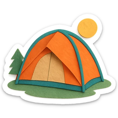 camping tent in paper craft style, layered paper details, classic dome shape, vibrant colors, set in a natural scene sticker