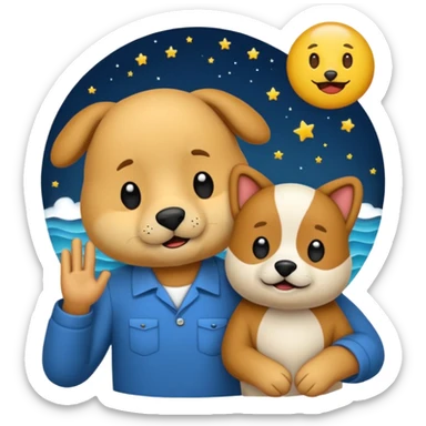 crea un emoji de buenas noches con texto : Buenas noches Javier y Tobi. Javier es un profesor y Tobi q sea un perro sticker