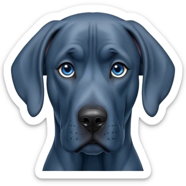 Cinematic Noble Blue Great Dane Portrait Emoji, Poised and regal, with a towering, muscular build and a sleek, well-groomed deep blue Fur, deep-set soulful steel-blue eyes, Simplified yet sharp and sophisticated features, highly detailed, glowing with a cool, dignified glow, high shine, intelligent and commanding, stylized with an air of majesty, focused and attentive, soft glowing outline, capturing the essence of a watchful and authoritative guardian, so majestic it feels as though it could stride out of the screen with effortless authority! sticker