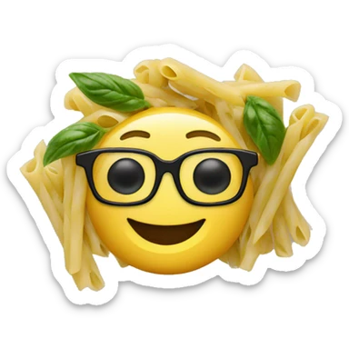 pasta with pesto and a smiley young man with glasses sticker