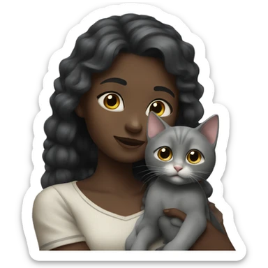 dark girl hugs a gray kitten with a bow sticker