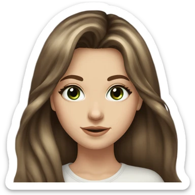 White girl green eyes with very long length voluminous brown hair with brown highlights balayage bangs sticker