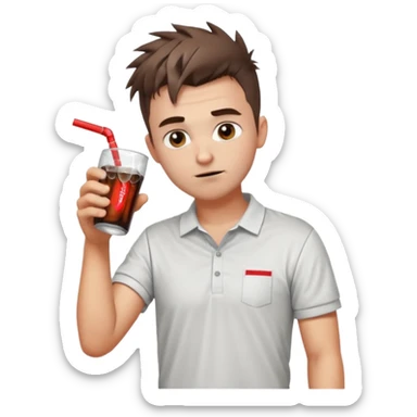 Handsome male.short messy brown hair.mowhawk hairstyle. wearing white golf shirt.grey shorts. Drinking coke . Drunk sticker