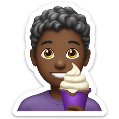 young boy covered in ice cream and holding an eggplant sticker