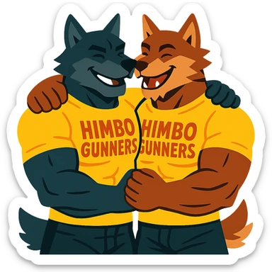 two buff wolf furries wearing matching 'Himbo gunners' t-shirts, hugging, happy and confident sticker