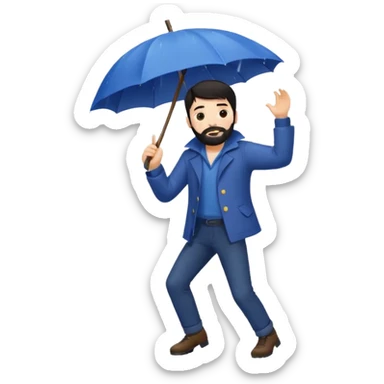 A dark-haired boy with a white beard dancing with an umbrella in the rain sticker