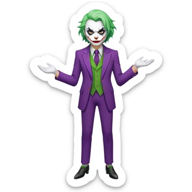 The Joker villain character full body with green hair, purple suit, white face, red lips sticker