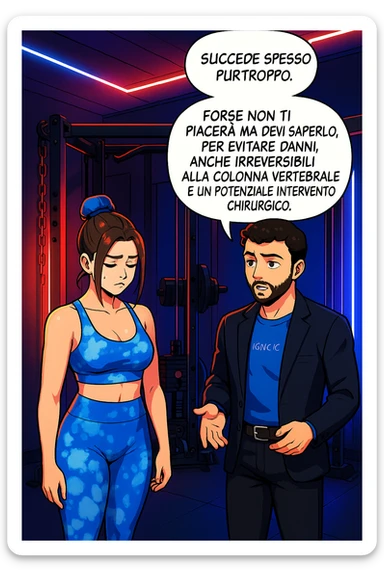 fai questa immagine in versione fumetto/manga/webtoon a colori, il manga mostra l'uomo che risponde alla donne:
Succede spesso purtroppo. 
Forse non ti piacerà ma devi saperlo, per evitare danni, anche irreversibili, alla colonna vertebrale e un potenziale intervento chirurgico. sticker