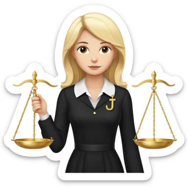 woman lawyer blanche et blonde habillée avec une longue robe noire et un col blanc, avec la balance de la justice derrière elle sticker