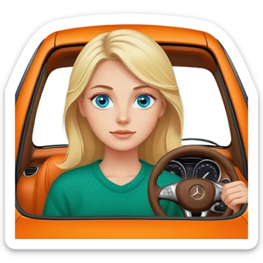 A cinematic realistic blonde with blue eyes, dressed in a green sweater, is driving an orange Mercedes car. sticker