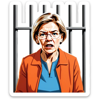 Make a picture of Senator Elizabeth Warren wearing an orange jumpsuit and behind bars make her look worried extremely worried like she just got sentenced more realistic sticker