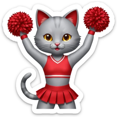 A sleek grey cat cheerleader twirling pom-poms with confident energy. sticker