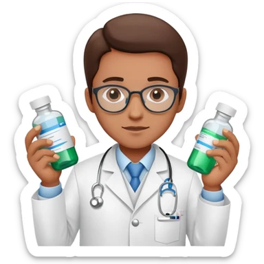 Pharmacist in white lab coat with medicine bottles and prescription pad sticker