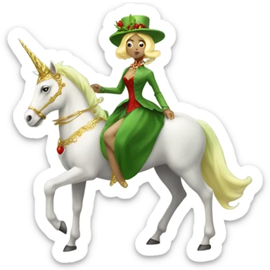 "galora green blonde alien woman" in red Victorian elegant dress, full body, rides unicorn gold and white
 sticker