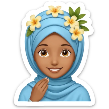 brown-skinned girl with a light blue hijab and a small tropical flower on her head, smiling sticker