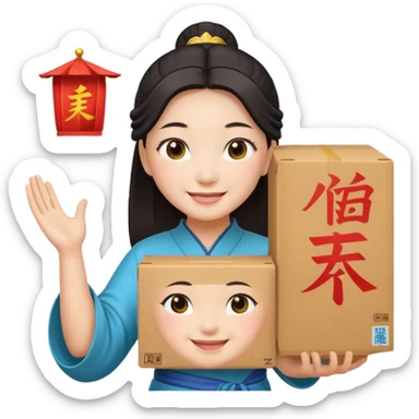 chinese female god hold carton box sticker