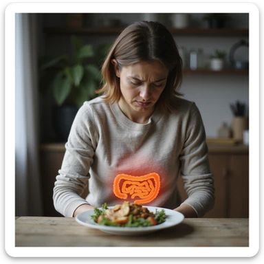 adult woman, photorealistic, intestinal pain, sitting at table with diet food plate, intestine highlighted, suffering expression, natural light, kitchen background sticker