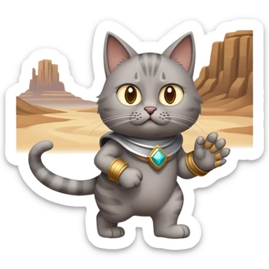 A grey cat takes a stroll through the desert of disappointment and forges the mighty gauntlet sticker