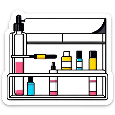 big long white shelf with one serum bottle labeled beauty brand and big sticky note sticker