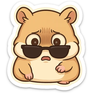A hamster wearing sunglasses, the sunglasses have slipped down to the bottom of the eyes, the hamster lowered his head, his eyes were dull, terrified, and his face was full of disbelief sticker