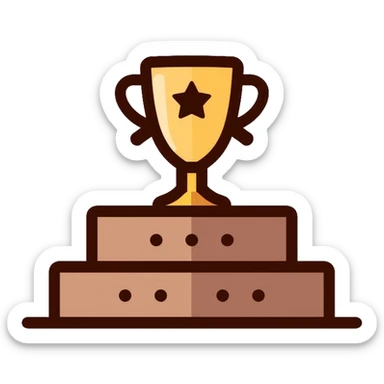 Path to success logo with steps or staircase leading upward to a trophy or achievement symbol, using brown shades and golden accents sticker