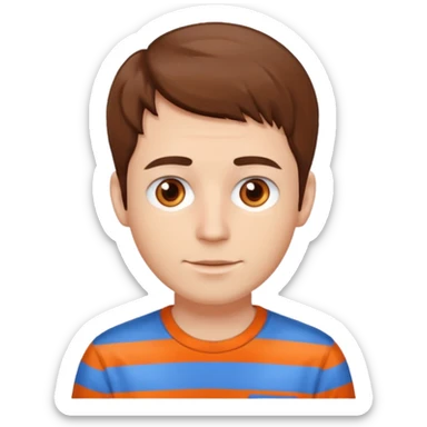 male, white skin, brown hair, brown eyes, orange and blue shirt sticker