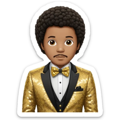 Quincy Jones with dark brown short afro hair, gold sequin suit with bow tie  sticker