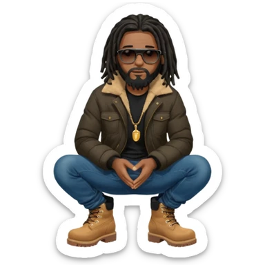 African American man with shoulder length black dreadlocks with black beard wearing black sunglasses wearing a black bubble winter coat  wearing denim skinny jeans and timberland boots praying on knees sticker