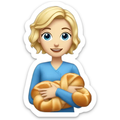 Blonde girl with blue eye and with short hair holding a challah sticker