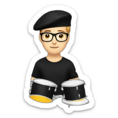 male drummer, caucasian, with a black beret, glasses, and black t-shirt sticker