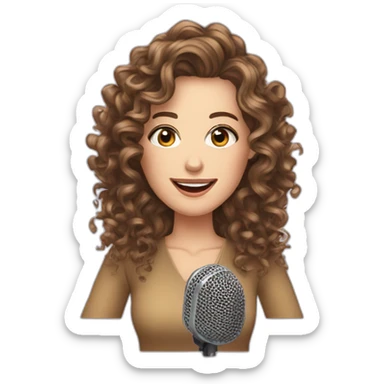 podcast host brunette curly long hair white woman with microphone sticker
