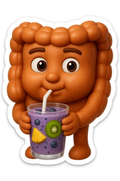 EMOJI STILE IPHONE DI un intestino umano anatomico che beve un frullato di mirtilli, ananas, kiwi, fagli anche la parte bianca degli occhi, non solo le pupille, REALISTICo 4K sticker