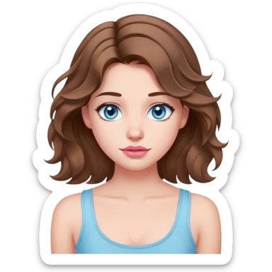 A girl with brown wavy hair below her shoulders, in a light blue tank top with thin straps, with plump delicate pink lips and gray-blue eyes. sticker
