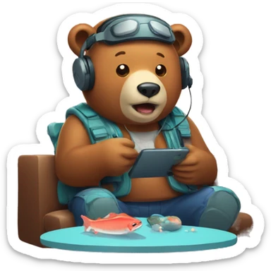 Bear wearing headset playing video game about catching salmon sticker