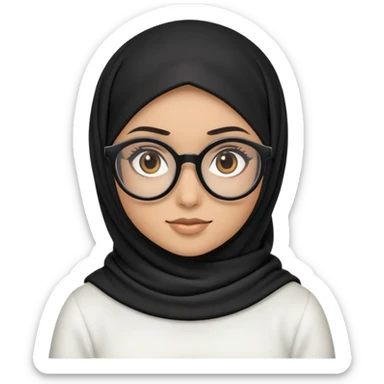 Create an ios iphone emoji of a girl with black hijab with black circle glasses dark brown eyes, light coloured skin and wearing a white top  sticker
