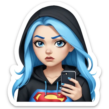 Female-Very tall-very very very large chest-really angry-texting on cell phone-very long straight flat black to sky blue hair ombre-blue eyes-black eyeliner-long eyelashes-hoodie with glitter superman logo-leggings-lippierced sticker
