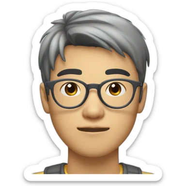 A 20-year-old Asian male with slightly pale skin, wearing transparent grey-framed glasses, with choppy bangs nearing his eyebrows, large eyes, and a slightly oval face. sticker