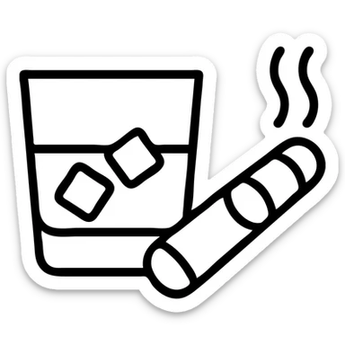 a glass of whiskey and a cigar, elegant, minimal, suitable for a logo, simple black outlined icon with clean lines sticker
