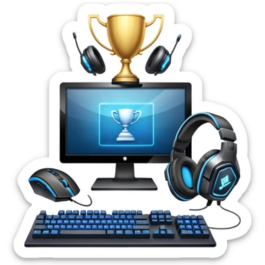 An icon featuring a gaming setup with a high-tech monitor displaying a competitive game, a keyboard, and a gaming mouse. The design includes a headset and a trophy, symbolizing victory and skill in esports. Transparent background highlights the energy and precision of professional gaming. sticker