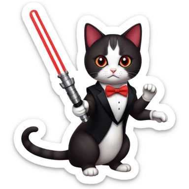 tuxedo cat posing with red lightsaber from star wars sticker