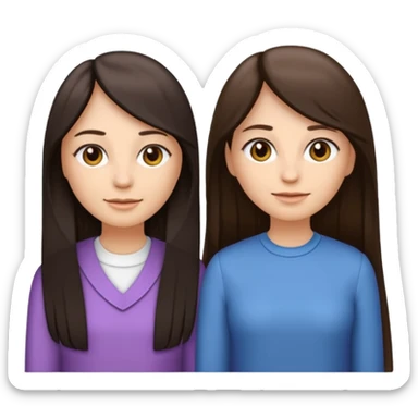 generate me emojis of sisters, one should look older, the other younger. the older one has dark brown hair, long, straight, the younger one is slightly lighter, also straight, long. clothes are any in principle, the main thing is that they more or less look like each other sticker